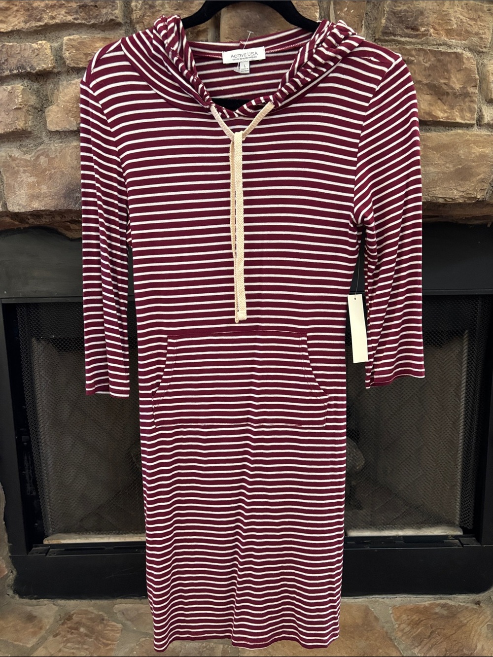 NWT Active USA Maroon & White Striped Hooded Midi Dress W/ Kangaroo Pocket. L
